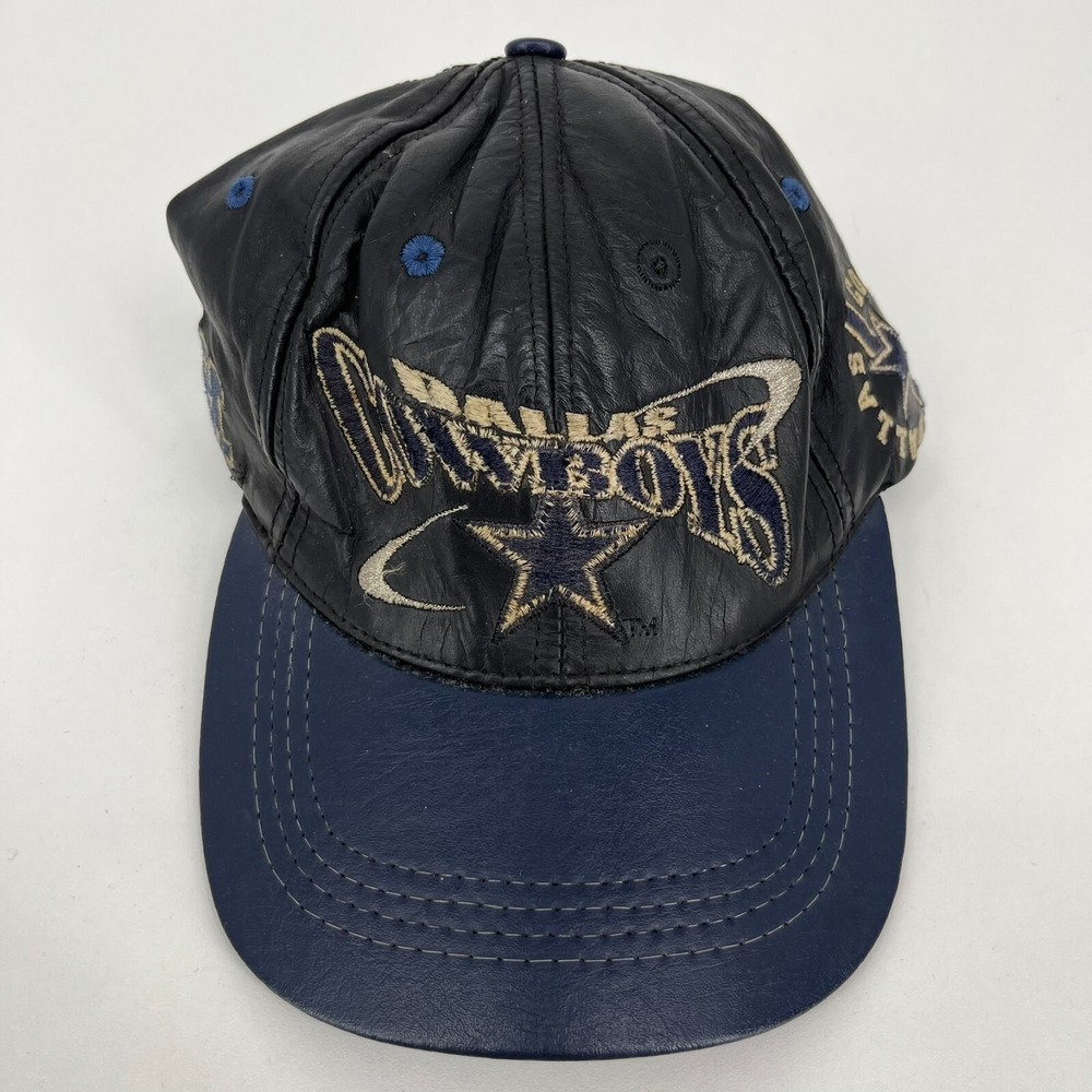 Vintage Dallas Cowboys Pro Elite Genuine Leather Hat Black Navy Made in USA NFL